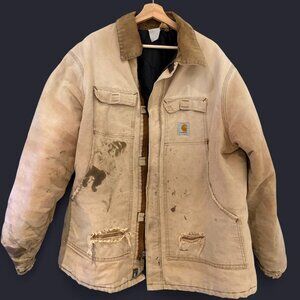 Vintage Carhartt Detroit Fleece Work Jacket Tan & Brown Size Large Rugged